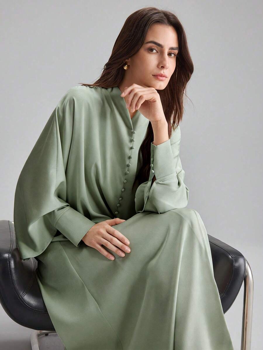 Ontre Đầm dài tay xòe dáng suông màu be, hàng mới về năm 2026, thích hợp cho các bữa tiệc hiện đại ở thành phố, mùa tựu trường, phong cách tối giản thành thị, phong cách Bohemian, kỳ nghỉ, lễ hội, mùa xuân. - màu xanh lá - Xem 1