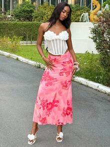 Mima John Women Elegant Floral Print Low Waist Skirt Summer Summer Outfits Summer Clothes Beach Outfits For Woman  Beach Vacation Vacation Outfits Woman Boho Tropical Vacation Woman Clothe Tropical Vacation Woman Clothe Floral - Pink - View 6