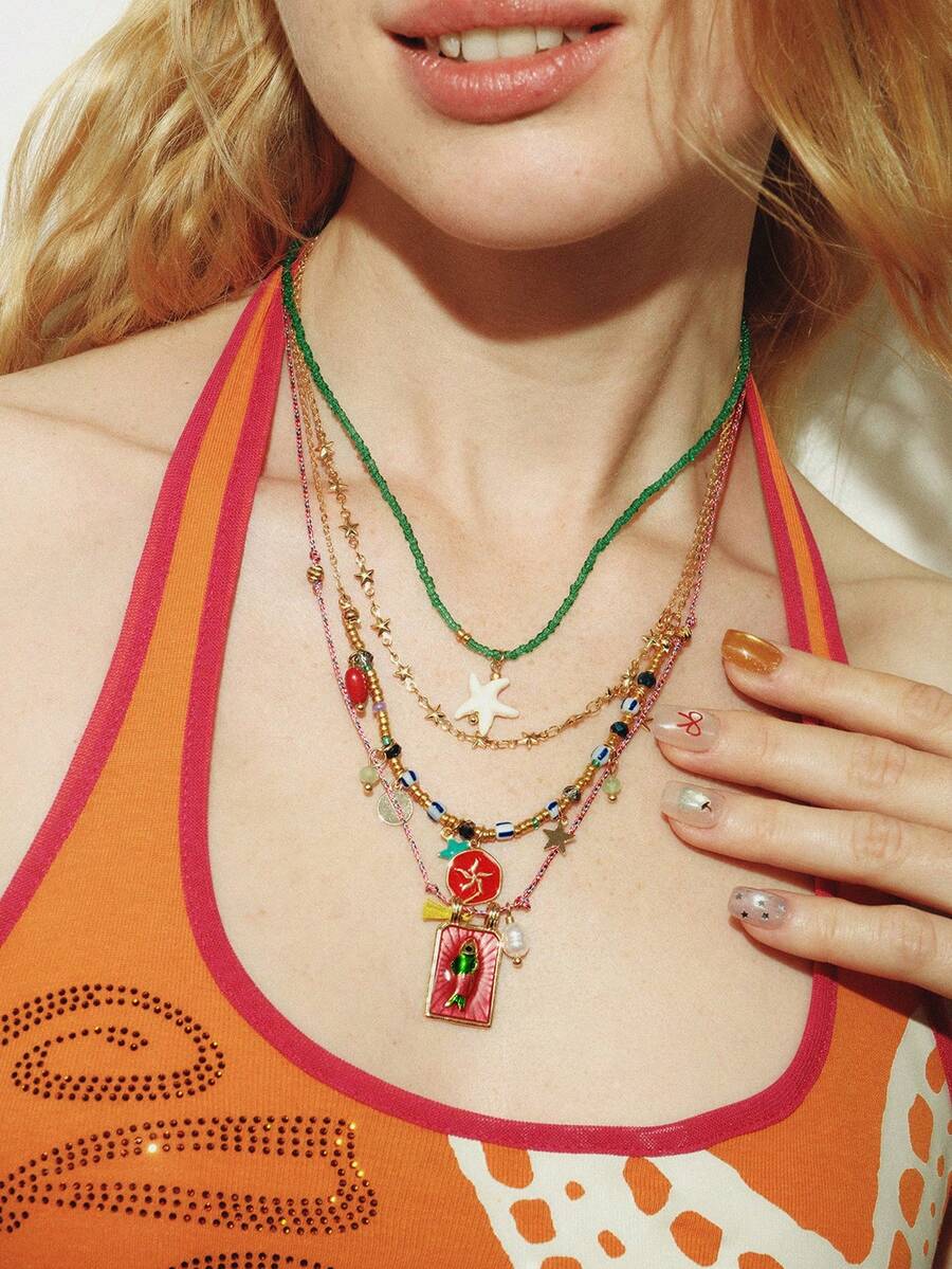 Popjeli 4pcs Bohemian Handmade Beaded Colorful Square Fish & Starfish Pendant Multilayer Necklace Set For Women, Suitable For Daily, Party, Beach, All Seasons - Multicolor - View 1