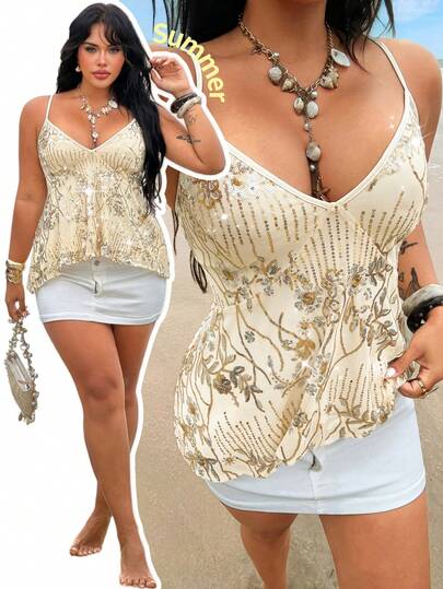 Rustia Áo camisole cỡ lớn dành cho nữ, cổ chữ V, dây mảnh, vạt bất đối xứng, thêu sequin, kiểu boho, thích hợp mặc thường ngày hoặc dự tiệc.