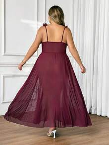 SHEIN CURVE+ 大码女式立体花卉纯色连衣裙，度假连衣裙，性感酒红色长裙 - 酒紅色 - 查看 2