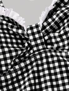 SHEIN MOD 女士荷叶边格子印花扭结肩带连体泳衣 - 黑與白 - 查看 5