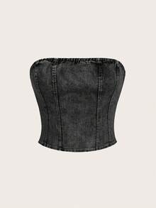 SHEIN MOD 女士时尚牛仔抹胸上衣 - 黑色 - 查看 3