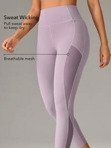 Women Outdoor Black Leggings Solid Color Running Gym Yoga Quick-Dry Tummy Control High Waist Mesh Panel Spors Pants Summer Spring - Dusty Purple - View 3