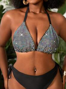 Slaydiva Áo bikini vải sequin cổ yếm cỡ lớn dành cho nữ - Nhiều màu - Xem 3