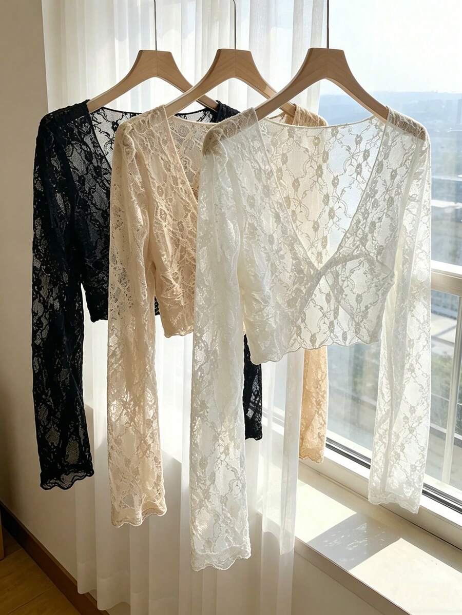 Airaco 女士休闲蕾丝扭结设计长袖上衣 - 彩色 - 查看 1