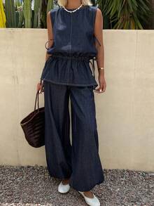 DAZY Bộ đồ nữ thường ngày gồm áo không tay cổ tròn, viền bèo nhún và quần jeans ống rộng. - Màu xanh lam - Xem 4