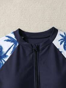 Teen Girl Coconut Tree Print Zipper Short Sleeve Romper Shorts,Summer Beach Vacation Holiday Outfit,Casual New Style Chill Vibe Outfits For Spring - Multicolor - View 5