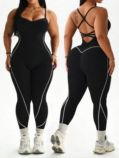 Rhythm Era 1 pieza Mono deportivo sin costuras, sexy, de cuello en V profundo, con rayas de contraste y espalda cruzada, adecuado para correr, fitness, yoga, pilates, gimnasia, danza, talla grande