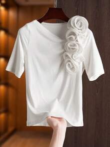 Franclia Women's 3D Floral Casual T-Shirt - White - View 4