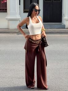 Slaydiva 女士休闲宽松系带阔腿裤，夏季 - 棕色 - 查看 3