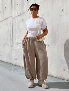 SHEIN Slayr Women's Flowy High Waist Parachute Jogger Pants With Cuffed Bottoms, Comfortable Loose Fit Loungewear, Brown Working Pants Yoga Wrap Around Pants Women's Trousers Summer Women's Summer Outfits Pants With Skirt Attached - Coffee Brown - View 10