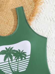 SHEIN 少女连体泳衣，军绿色棕榈树印花，优雅休闲时尚连体泳装，带短裤，适合夏季游泳、度假、海滩、泳池等场合 - 綠色 - 查看 3