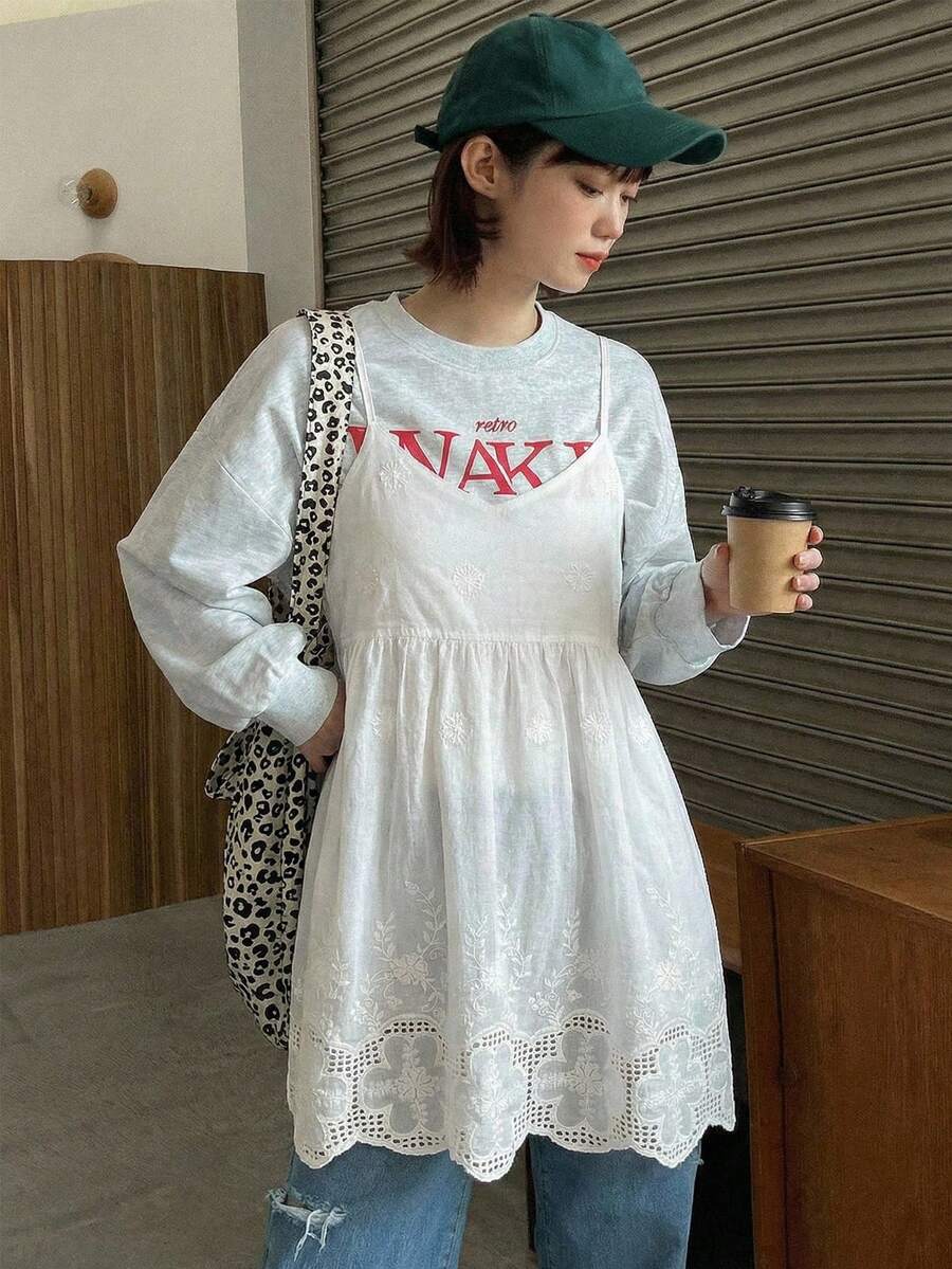 FRIFUL 女款素色細肩帶無袖夏季刺繡優雅上衣 - 白色 - 查看 1