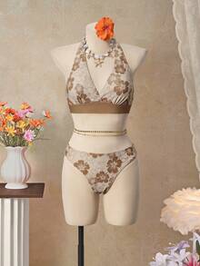Bellisia 26SS Orange Halter Neck Triangle Bikini Top With Matching Skirt 3 Pieces Set, Beach/Resort Wear - Brown - View 4