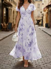 EMERY ROSE V-Neck Elegant Ruffle Hem Floral Print Waist Cinched A-Line Midi Dress, Romantic & Fashionable For Vacation - Multicolor - View 4