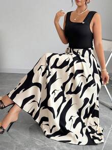 Elenzga Damen elegantes elastisches Strick-Patchwork Geometrisch Farbblock Muster A-Linien Kleid, geeignet für Alltag und Büro, Frühling/Sommer - Verschiedenfarbig - Übersicht 6
