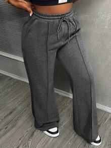 Slaydiva Pantalones deportivos casuales para mujer con bolsillos en diagonal y cintura con cordón - Gris Oscuro - Ver 7