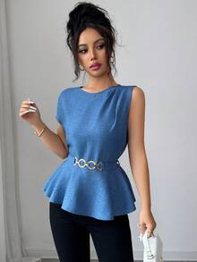 SHEIN Elenzya 女士V领短袖衬衫，时尚金属装饰腰带，纯色收腰优雅上衣，适合日常通勤、夏季外出就餐等多种场合 - 藍色 - 查看 5