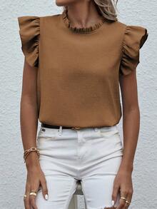 Breezaya Women's Summer Casual Minimalist Ruffle Collar Blouse - Brown - View 7