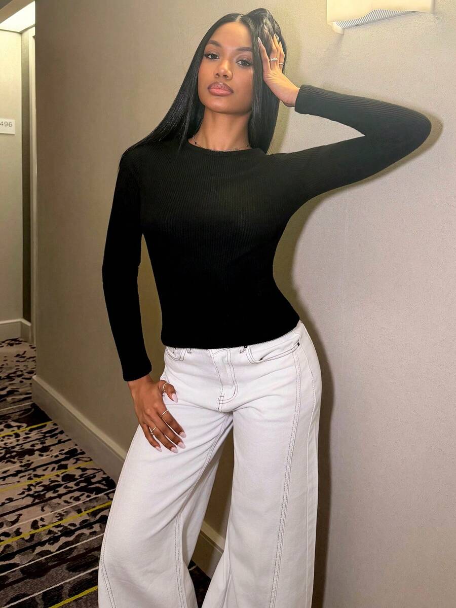 Natali Santanap 女士甜美休闲镂空蝴蝶结后背修身圆领黑色 T 恤，秋冬 - 黑色 - 查看 1