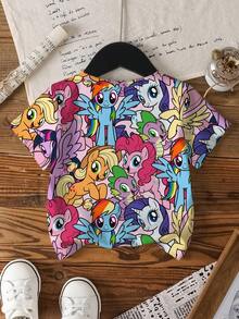 My Little Pony X SHEIN Camiseta de manga corta de cuello redondo casual con estampado de dibujos animados para niñas jóvenes, verano - Blanco - Ver 2