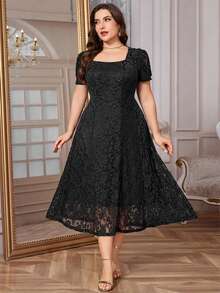 SHEIN Clasi Plus Size Elegant Lace Waist Puff Sleeve Dress, Summer - Black - View 3