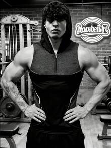 GymBeat Men's Zip-Up Half Placket Hooded Sports T-Shirt - Black - View 5