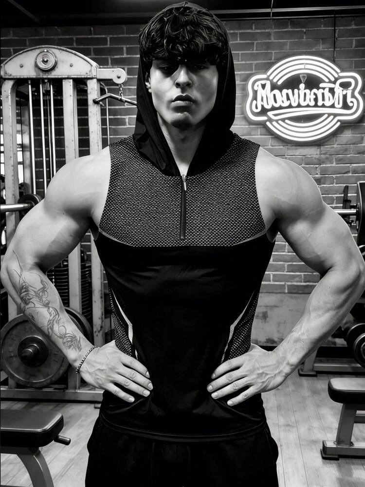 GymBeat Camiseta deportiva con capucha y cremallera media para hombres - Negro - Añade 5