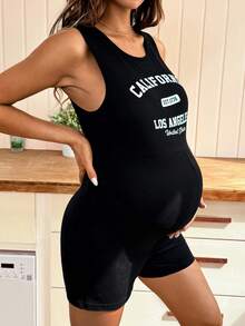 Modmama Áo liền quần bầu cổ tròn in chữ, kiểu dáng thường ngày. - màu đen - Xem 6