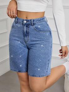 SHEIN Tall Quần short denim ôm sát thời trang mùa hè dành cho nữ, thích hợp cho các bữa tiệc, dạo chơi, nghỉ lễ, du lịch. Thiết kế đính đá lấp lánh, trang trí đá, có túi. - Rửa trung bình - Xem 7