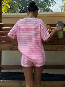 Muchica Women's Light Pink Striped Short Sleeve Round Neck T-Shirt & Shorts - Baby Pink - View 2