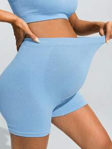 SHEIN Pantalones cortos de maternidad de unicolor, versátiles para uso diario y deportivo - Celeste - Ver 6