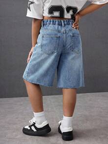Quần short jean jorts baggy cho bé gái tuổi teen, cạp vừa thấp, denim phong cách Y2K, mặc mùa hè - Rửa trung bình - Xem 6