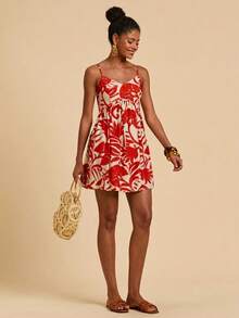 Travachic Woven Printed Spaghetti Strap Mini Dress For Women - Red - View 3