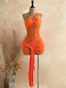 Soleia Women's Sexy Bandage Beach Vacation Solid Color Shoulder Splice Sheer Lace Ruffle Fitted Mini Dress, Summer Dresses For Women Orange Red - Orange - View 5
