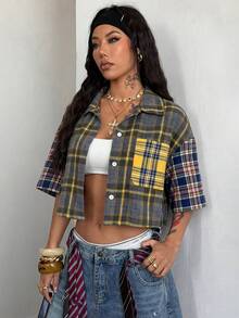 Coolane 女士春夏复古学院风格子宽松露脐上衣红色衬衫，适合新年穿着 - 綠色 - 查看 2