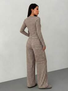 SHEIN PETITE 2pcs Women Casual Striped Front Button Long Sleeve Top And Wide Leg Pants Set, Spring And Summer - Multicolor - View 6