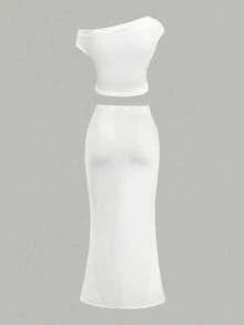 SHEIN 少女春夏休闲度假露肩百合花印花修身褶皱针织T恤和修身长裙套装，粉色 - 杏色 - 查看 2