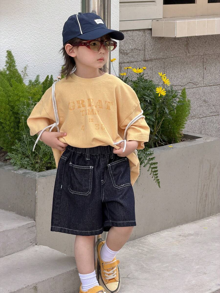 DAZY 男童休闲日常通勤时尚街头撞色缝线口袋宽松牛仔短裤，夏季 - 深色水洗藍 - 查看 1