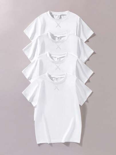 Vacaura 4pcs/Set Boys' Basic Casual College Style White T-Shirts, Suitable For Leisure And Sports, Can Be Layered Or Paired