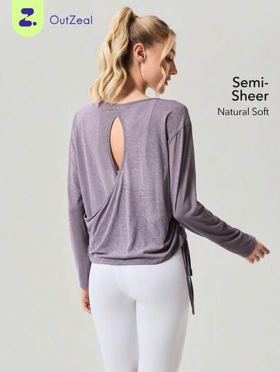 OutZeal 女士户外运动健身服柔软弹力后背交叉褶皱长袖户外上衣