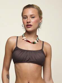 COUREZ 褶皱细节抹胸比基尼上衣 / Y2K 夏季女装 春季女装 夏季服装 度假装 沙滩装 沙滩套装 泳衣 比基尼套装 - 棕色 - 查看 5