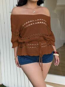 Sunnyshic Women Summer Chocolate Brown Off-Shoulder Knit Crochet Sweaters,Autumn Smart Casual Hollow Out Drawstring Ruffle Waist-Defining Plus Size Vacation Top - Coffee Brown - View 3