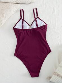 SHEIN Swim Lushore Traje de baño de una pieza de unicolor estilizador para tallas grandes - Burdeos - Ver 7