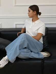 Livesso Women's Casual Versatile Solid Color Short Sleeve Polo Neck Loose T-Shirt Summer,Business Casual Women - White - View 4