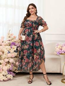 Levarali Vestido elegante de manga corta con cuello cuadrado y estampado floral para mujer de talla grande - Verde - Ver 4