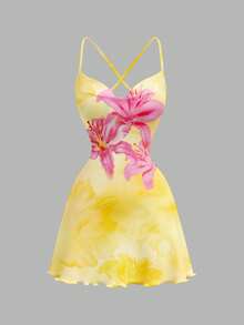 SHEIN SXY 女士夏季粉色碎花吊带短裙，度假裙，沙滩裙 - 彩色 - 查看 4