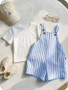 SHEIN Newborn Baby Boy/Girl Cute Striped Romper, Versatile For Spring/Summer Indoor, Outdoor, Daily, Sports, Play, Party, Photo Shoot, Holiday - Blue - View 5