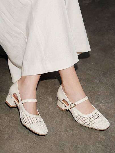 Giày Mary Jane mũi vuông dệt rỗng phong cách Pháp cổ điển mới 2025, giày bệt quai ngang gót giữa, giày bệt quai ngang phong cách Trung Hoa dành cho nữ